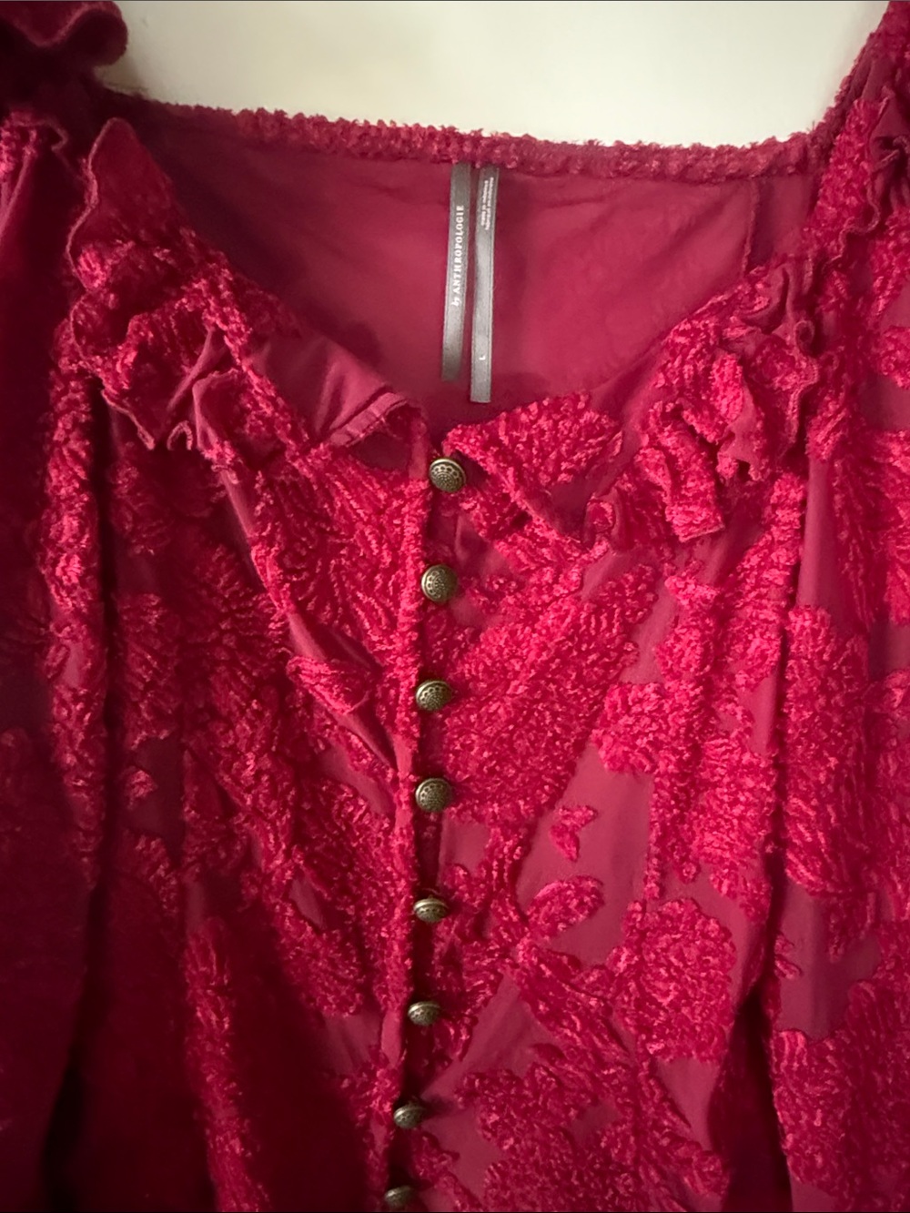 Anthropologie Deep Raspberry Ruffled Button-Front Blouse - Picture 3 of 6